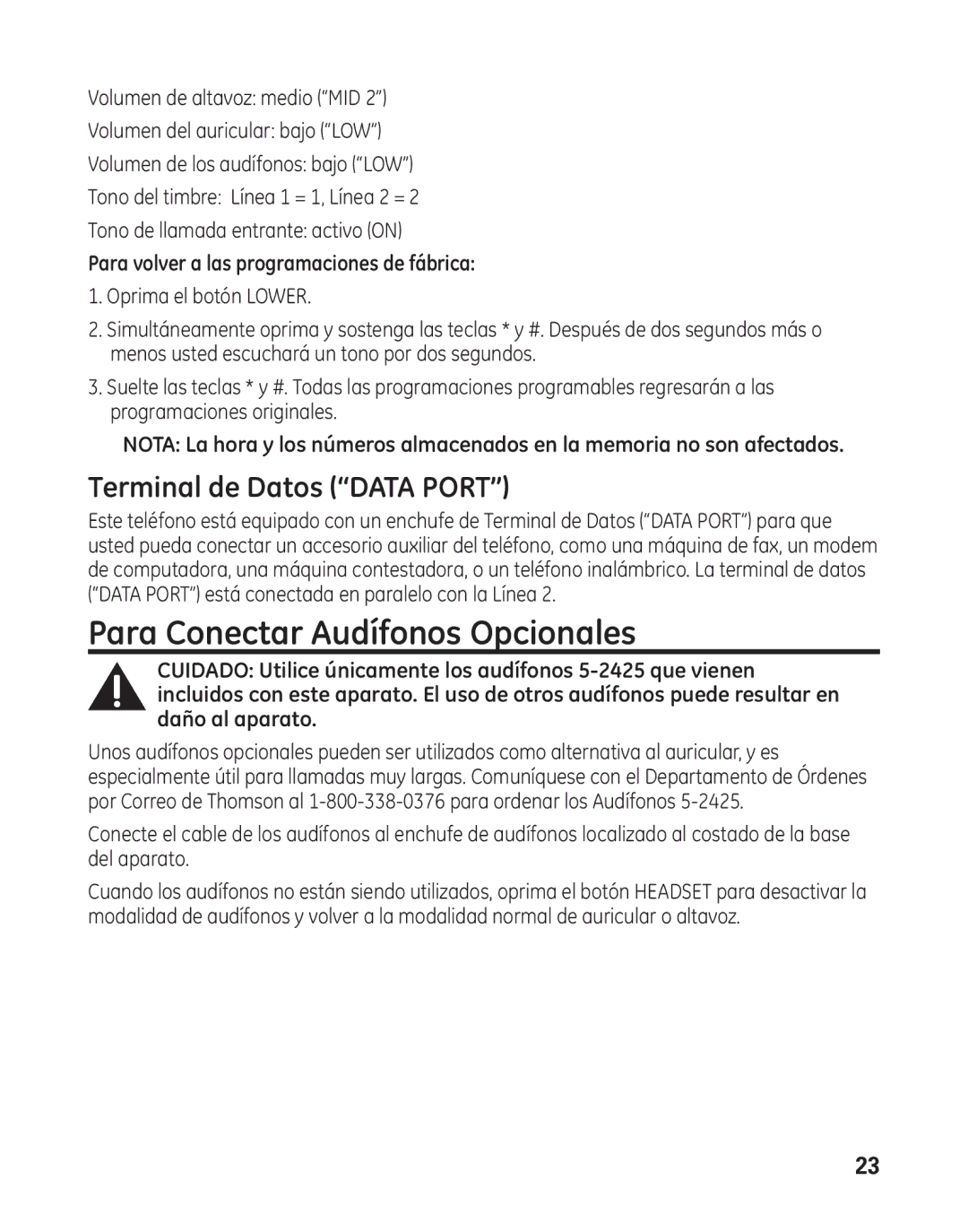 GE 29484GE2 Para Conectar Audífonos Opcionales, Terminal de Datos Data Port, Para volver a las programaciones de fábrica 