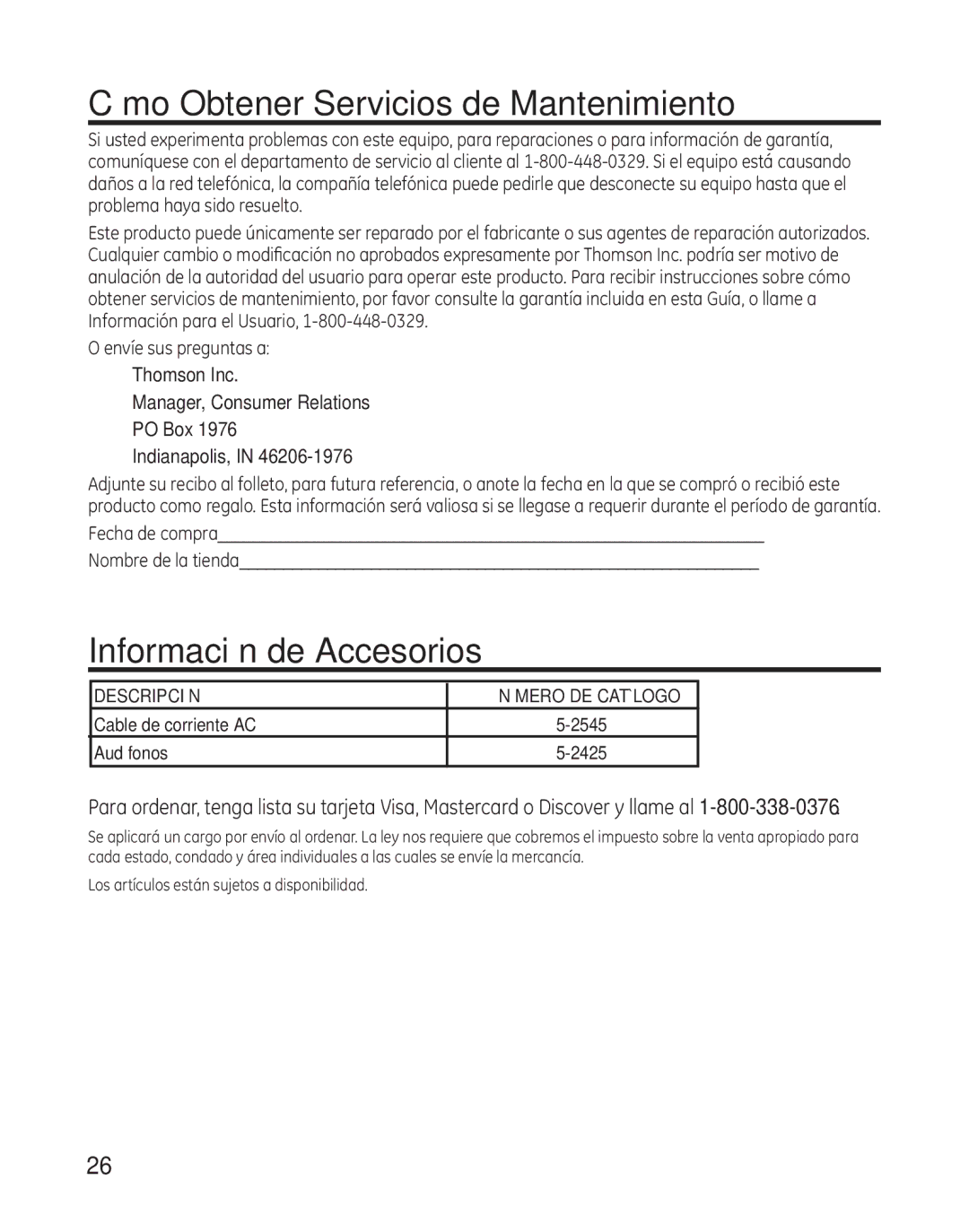 GE 29484GE2 manual Cómo Obtener Servicios de Mantenimiento, Información de Accesorios 