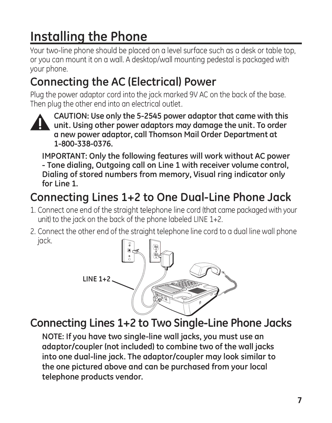 GE 29484GE2 Installing the Phone, Connecting the AC Electrical Power, Connecting Lines 1+2 to One Dual-Line Phone Jack 