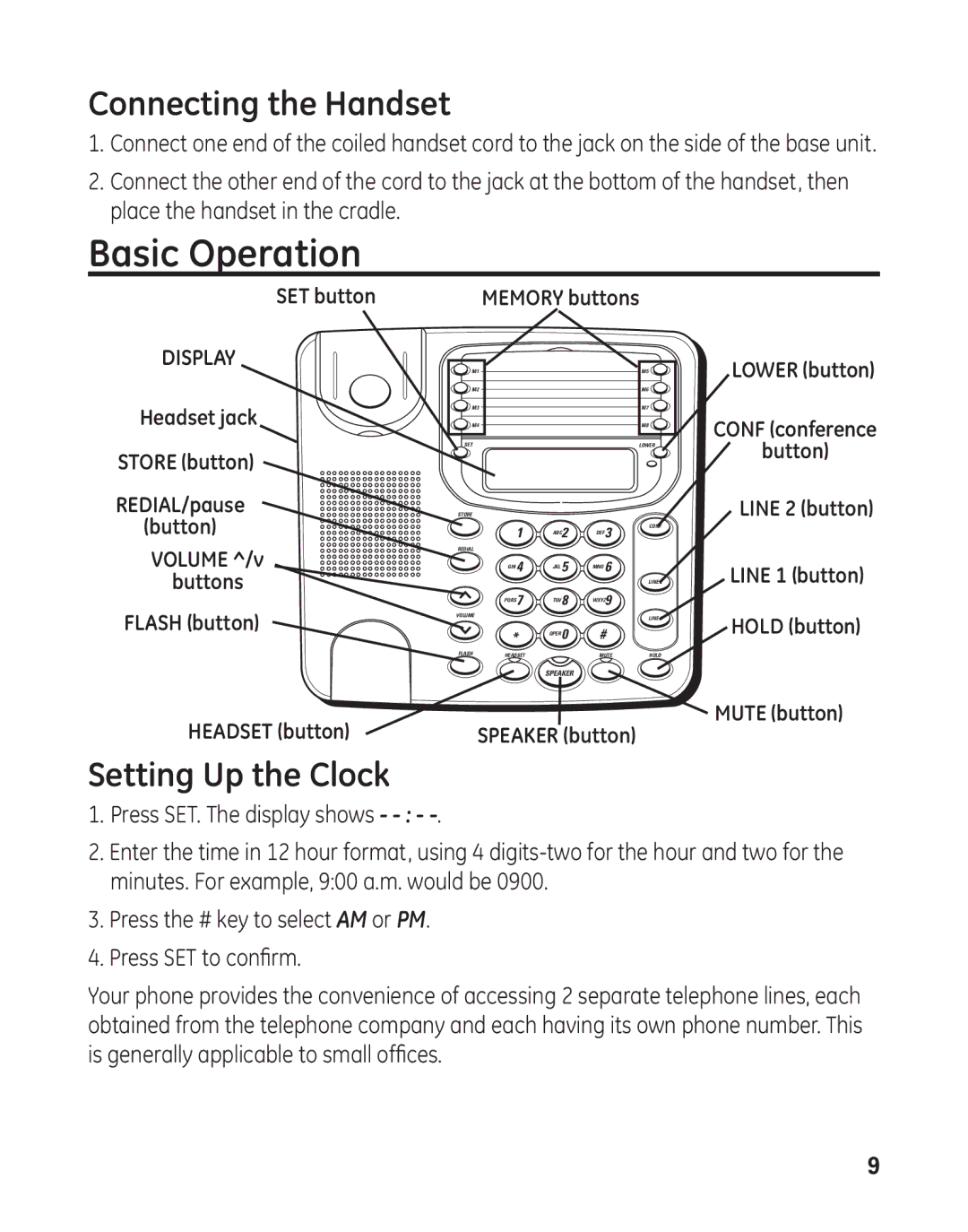 GE 29484GE2 manual Basic Operation, Connecting the Handset, Setting Up the Clock 