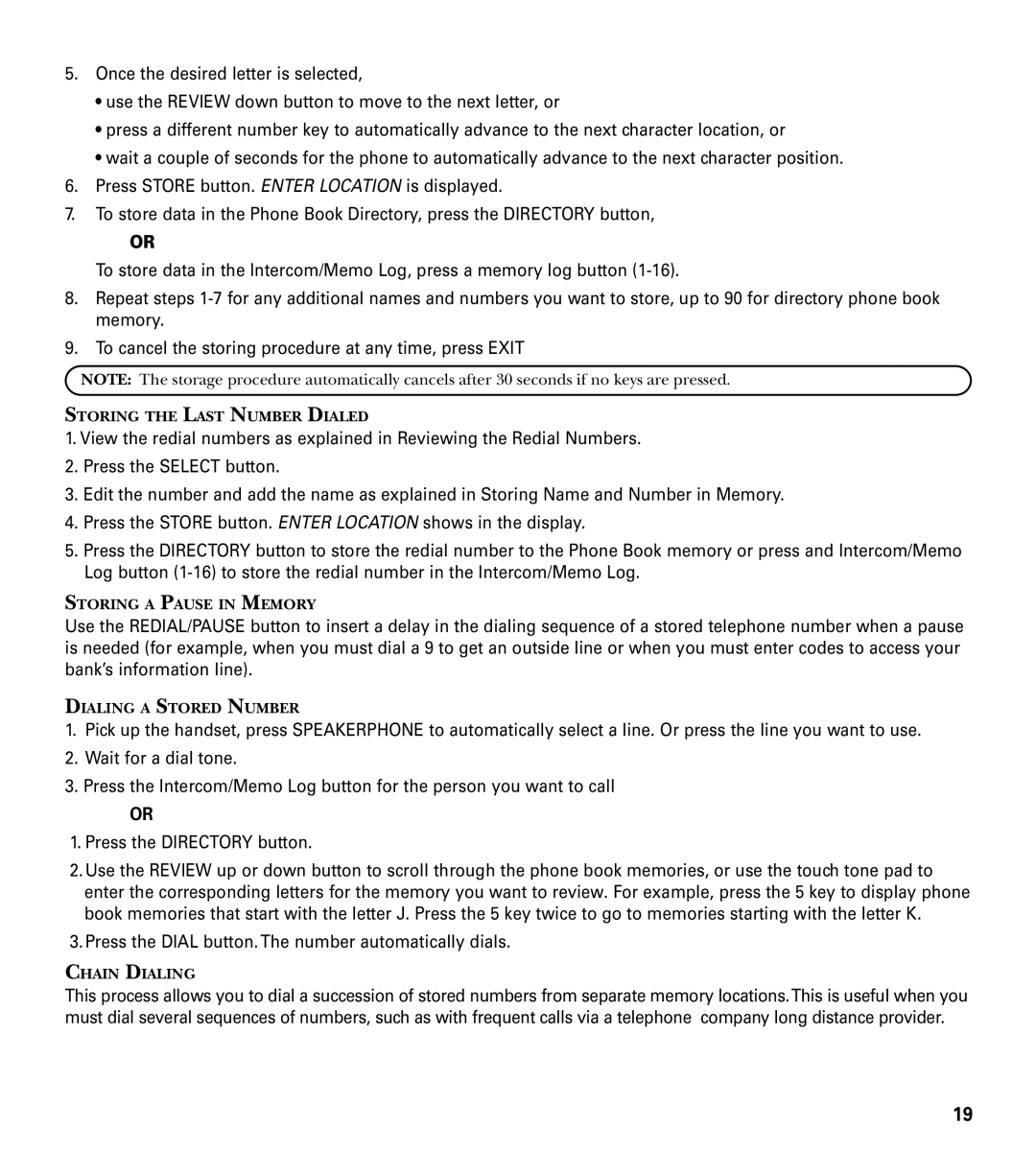 GE 29487 manual Storing the Last Number Dialed 