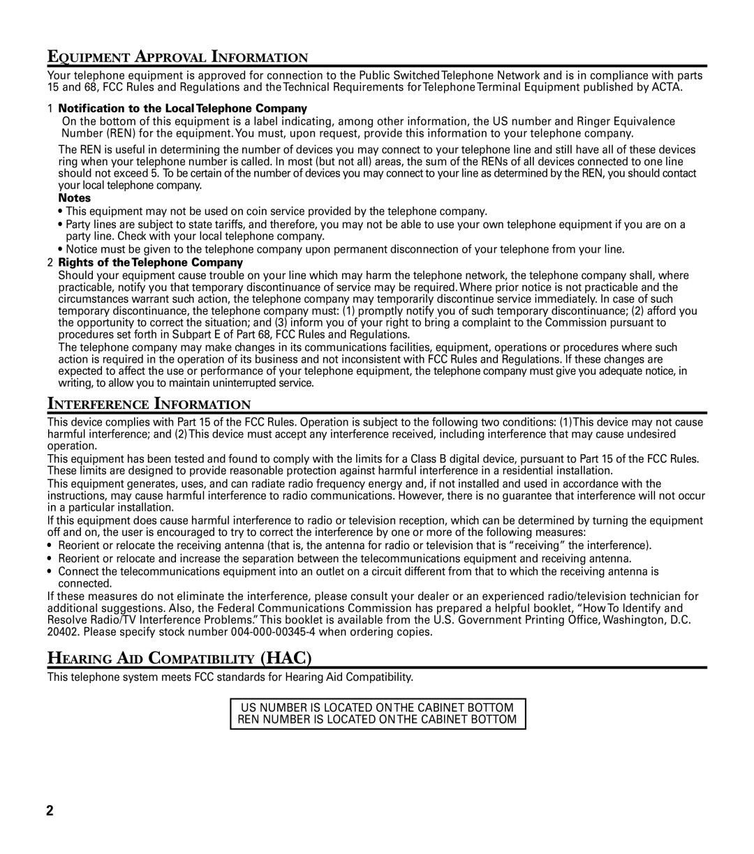 GE 29487 manual Equipment Approval Information, Interference Information, Hearing AID Compatibility HAC 