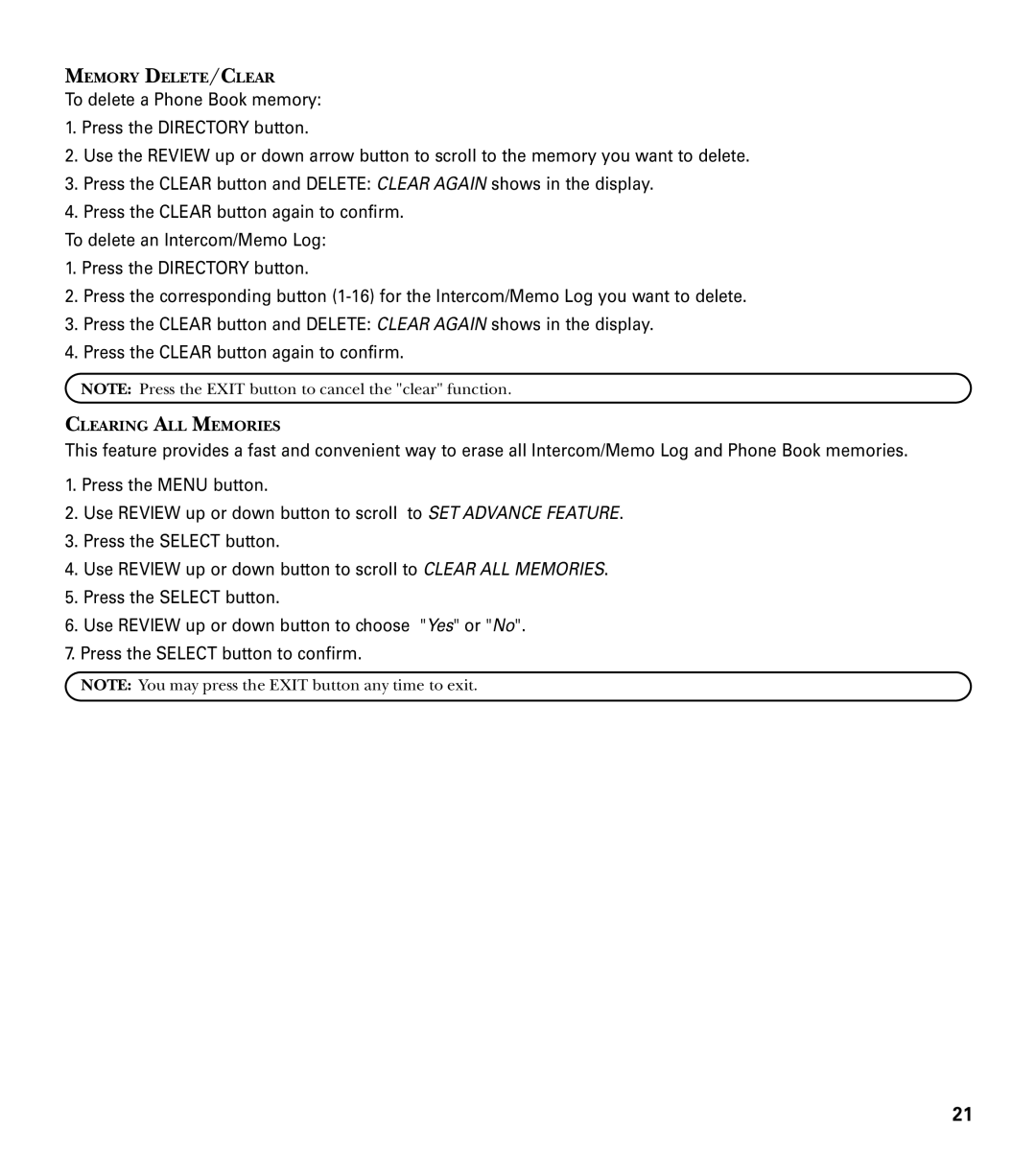 GE 29487 manual Memory DELETE/CLEAR 