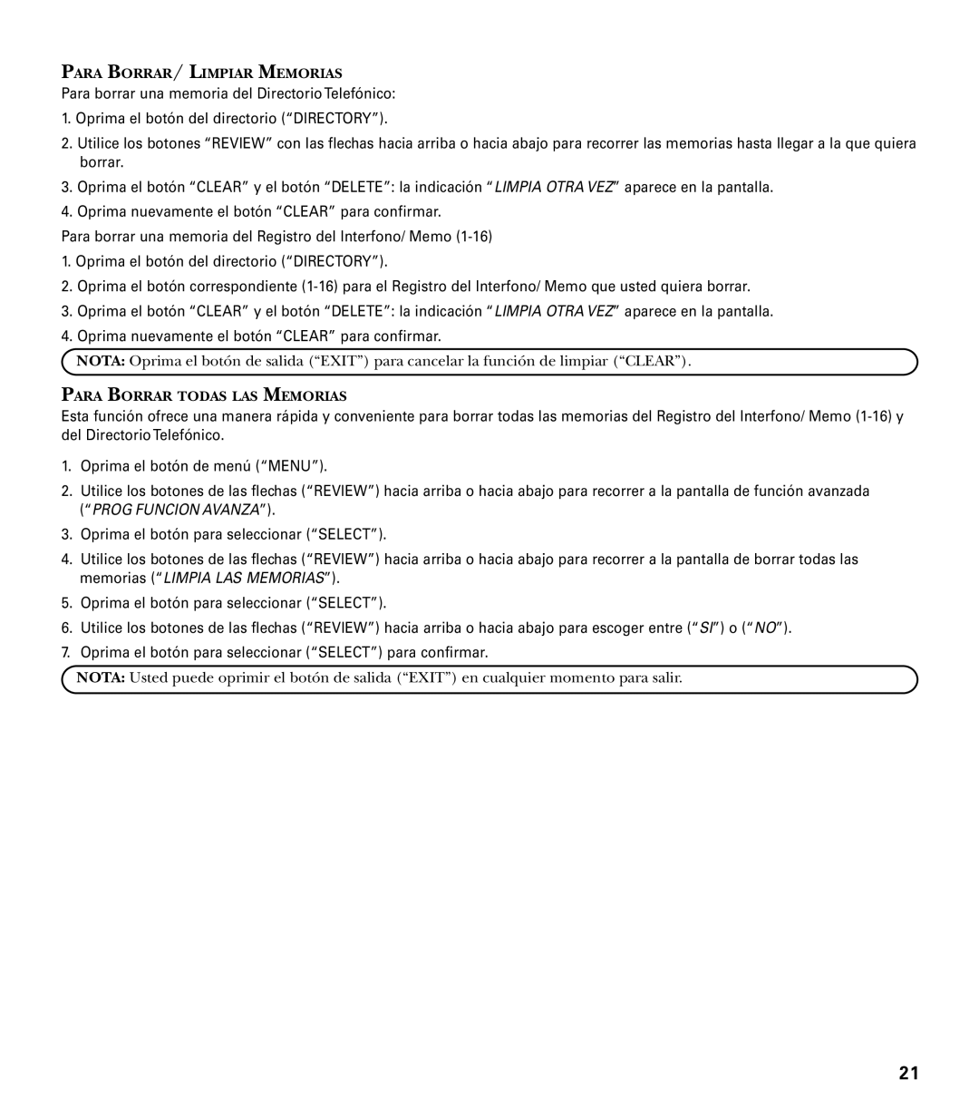 GE 29487 manual Para BORRAR/ Limpiar Memorias 