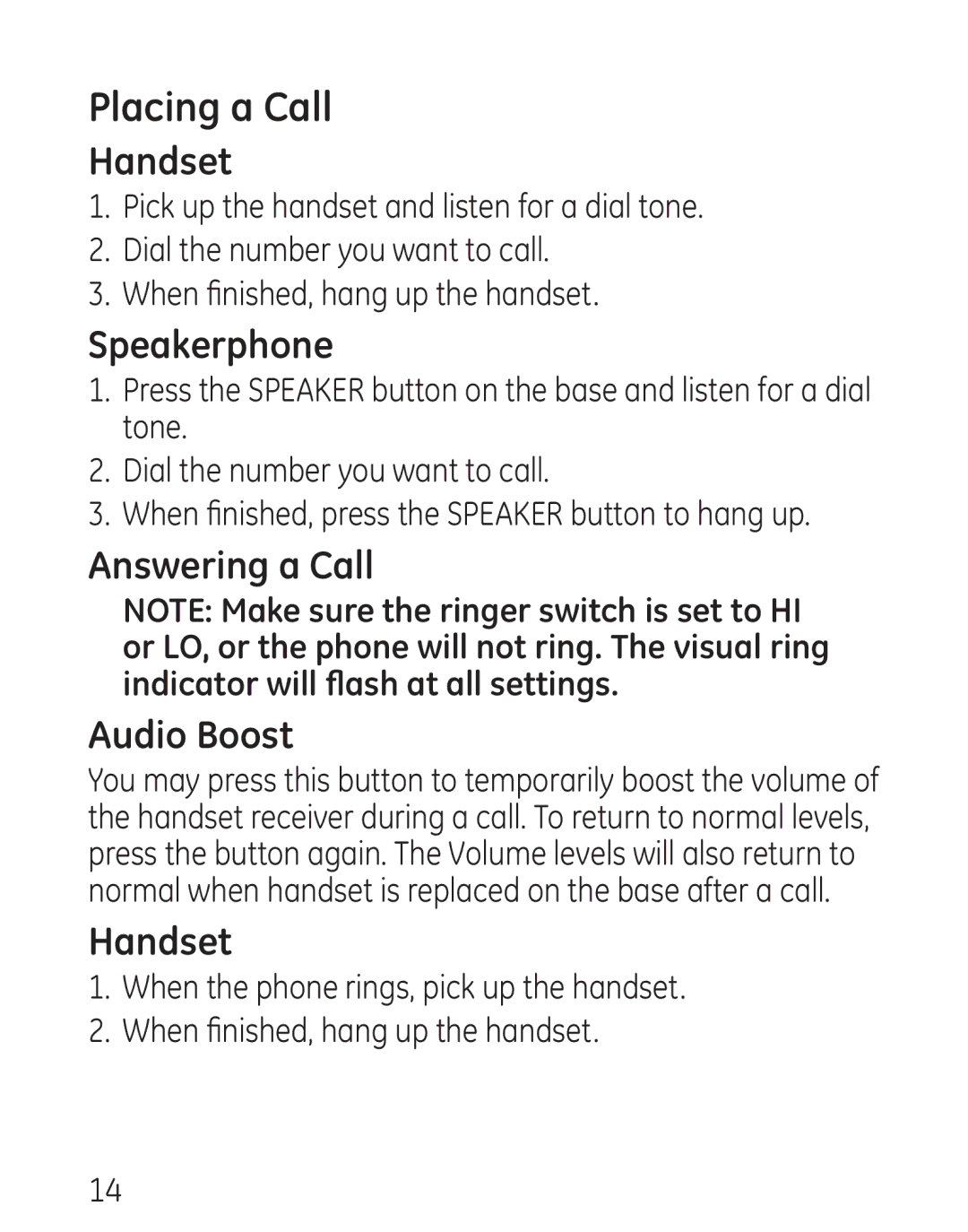 GE 29568 manual Placing a Call, Handset 