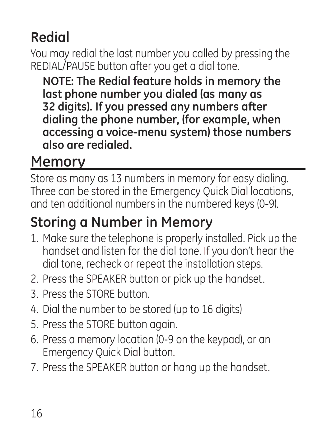 GE 29568 manual Redial, Storing a Number in Memory 