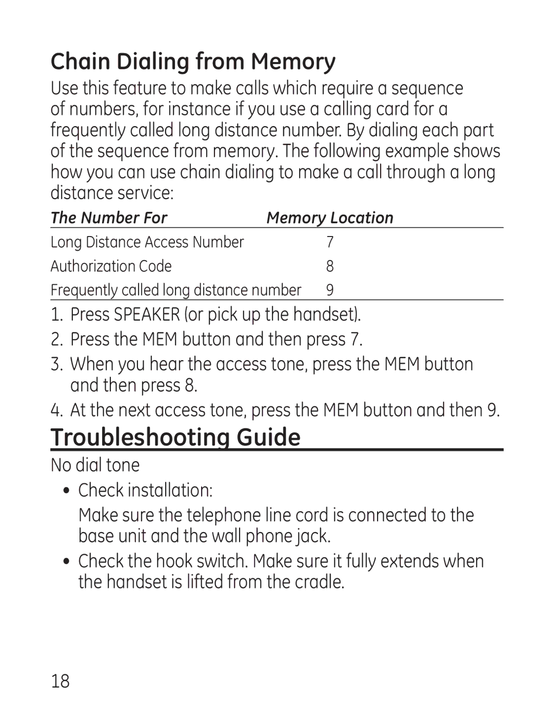 GE 29568 manual Troubleshooting Guide, Chain Dialing from Memory 