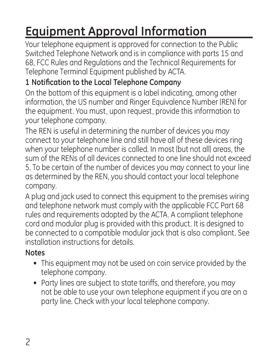 GE 29568 manual Equipment Approval Information, Notification to the Local Telephone Company 