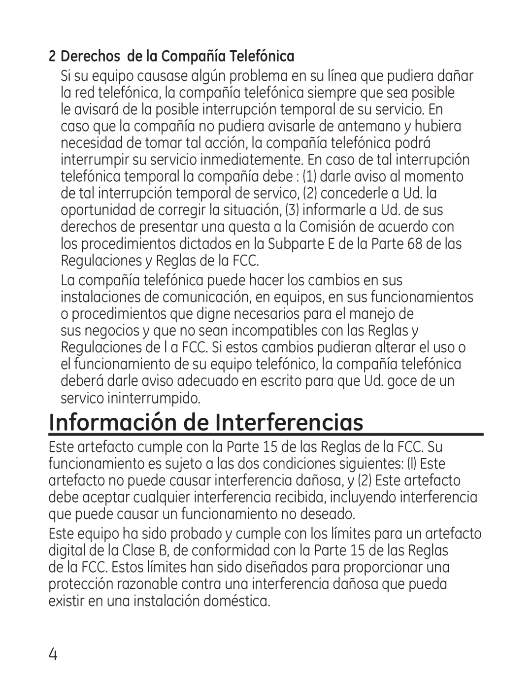 GE 29568 manual Información de Interferencias, Derechos de la Compañía Telefónica 