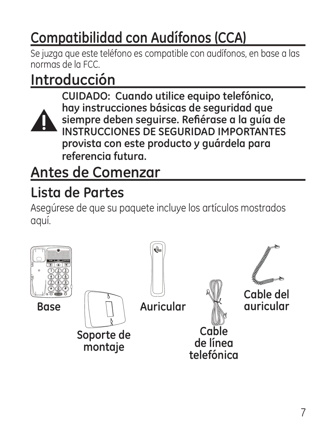 GE 29568 manual Compatibilidad con Audífonos CCA, Introducción, Antes de Comenzar, Lista de Partes, Base 