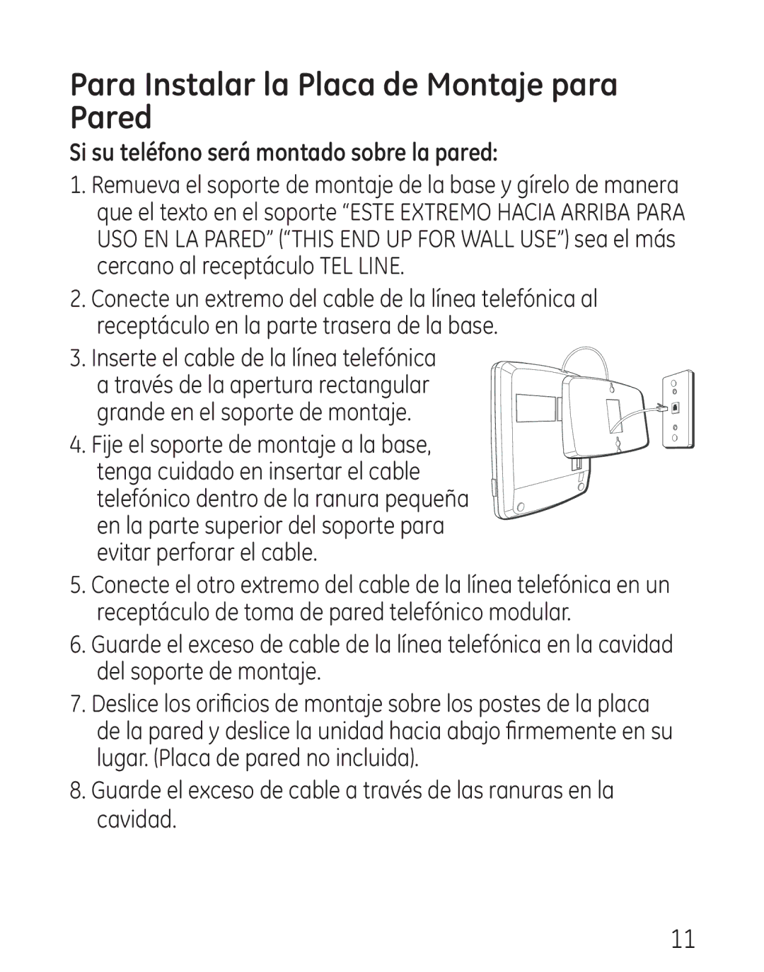 GE 29568 manual Para Instalar la Placa de Montaje para Pared, Si su teléfono será montado sobre la pared 