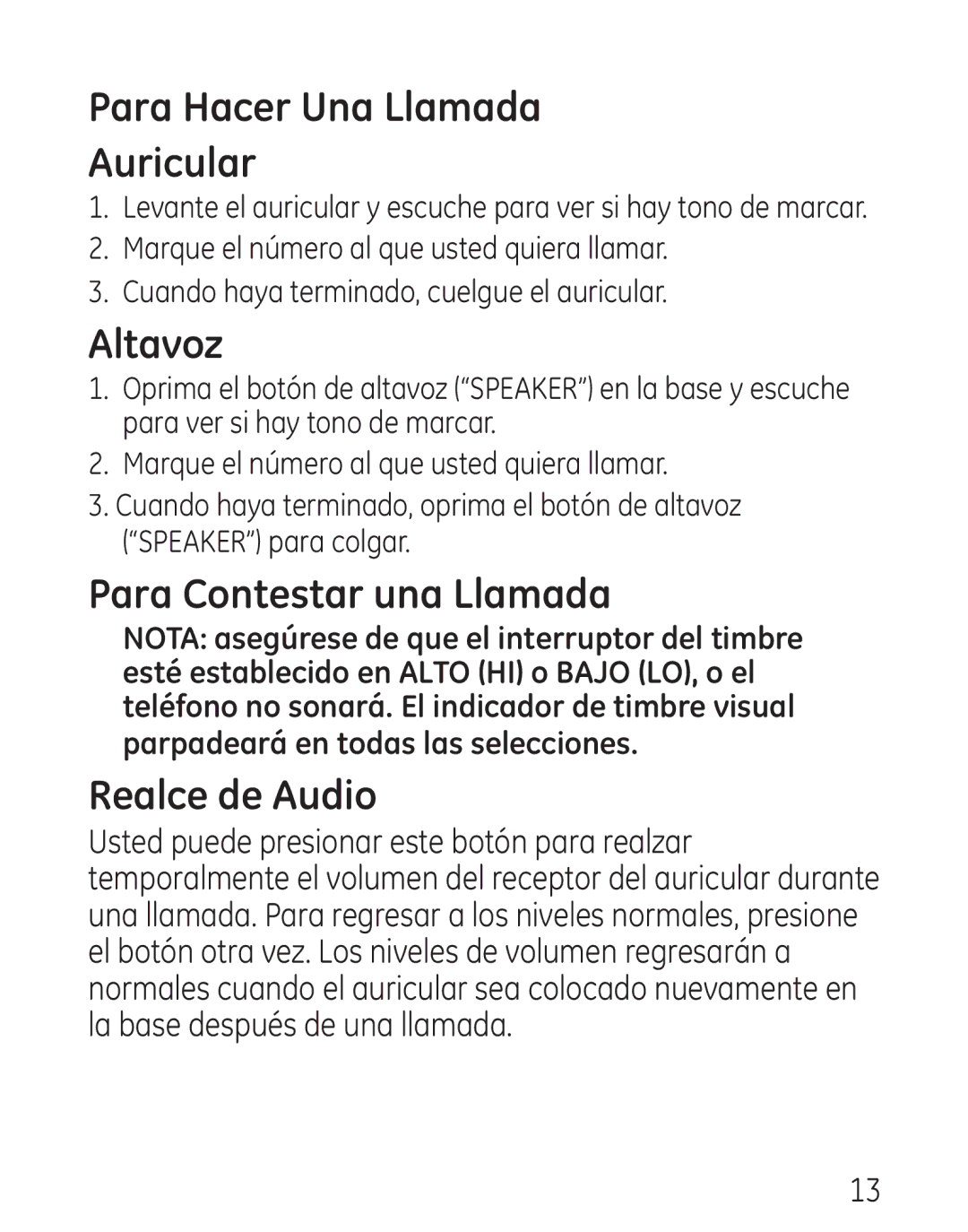 GE 29568 manual Para Hacer Una Llamada Auricular, Para Contestar una Llamada, Realce de Audio 