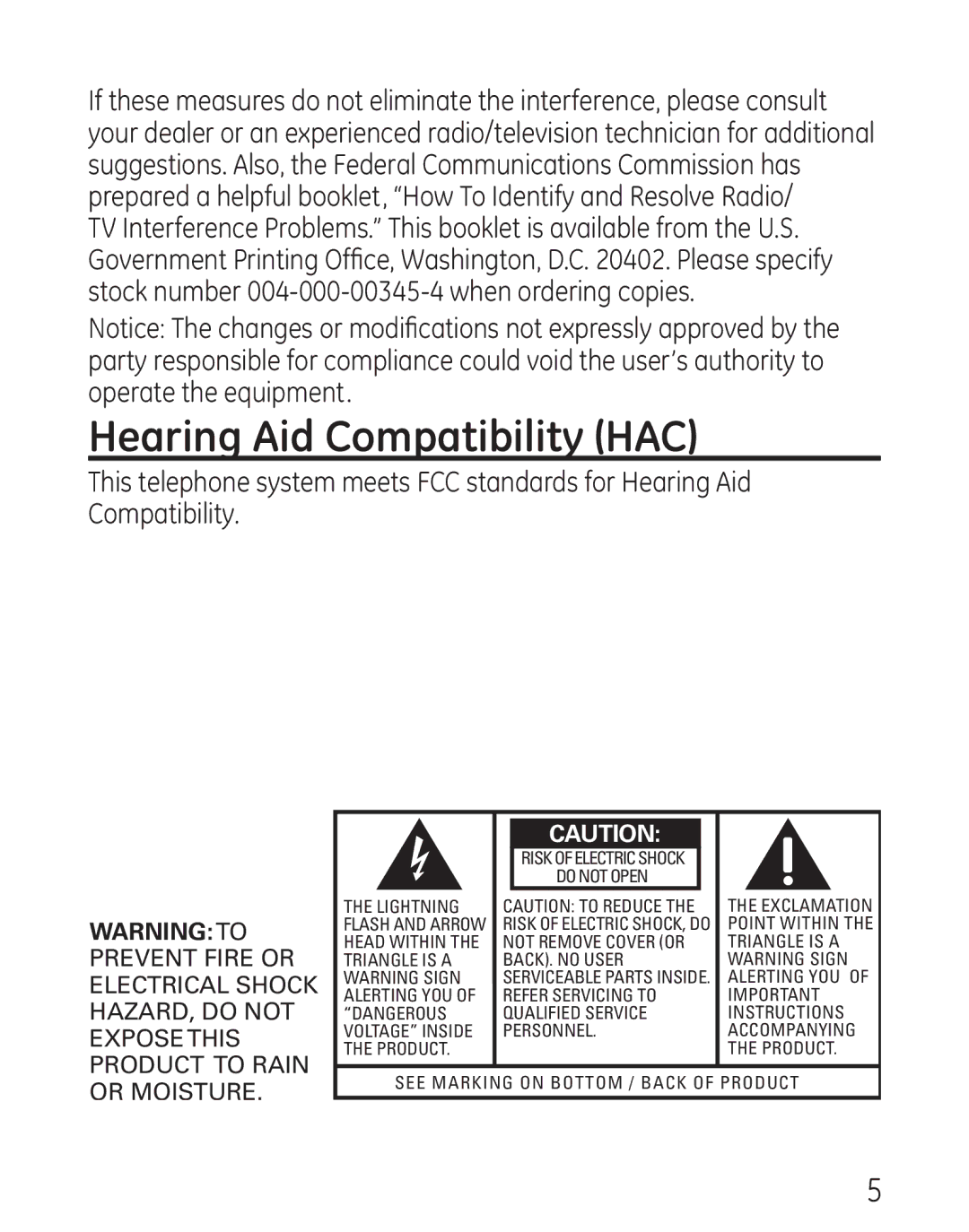 GE 29568 manual Hearing Aid Compatibility HAC, Do not Open Lightning 