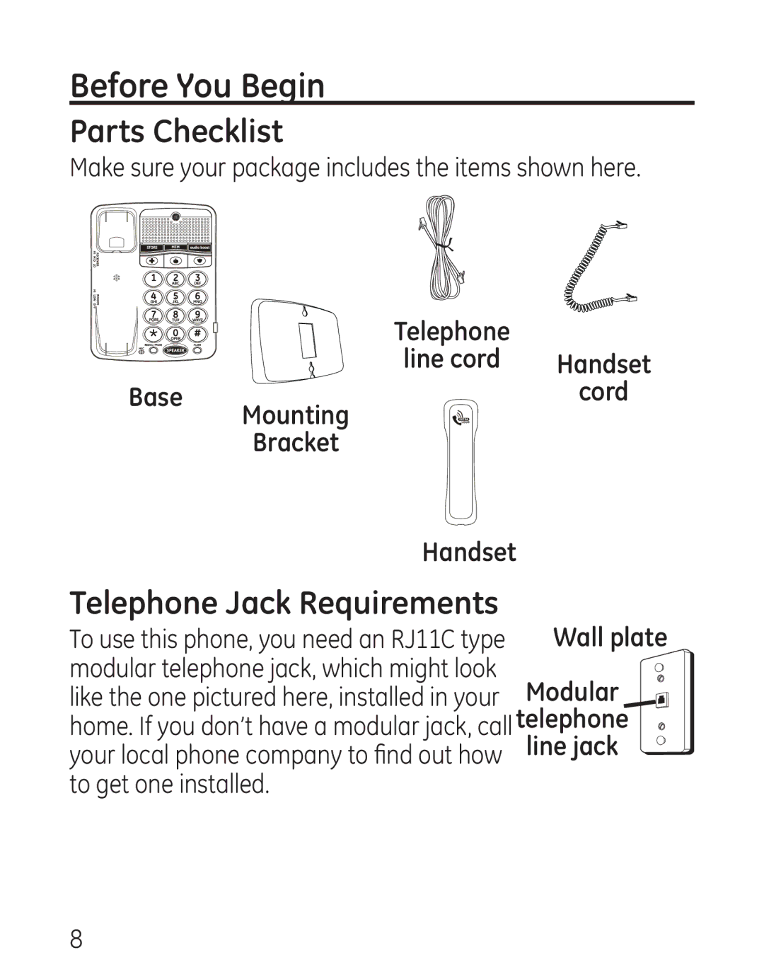 GE 29568 manual Before You Begin, Parts Checklist, Telephone Jack Requirements 