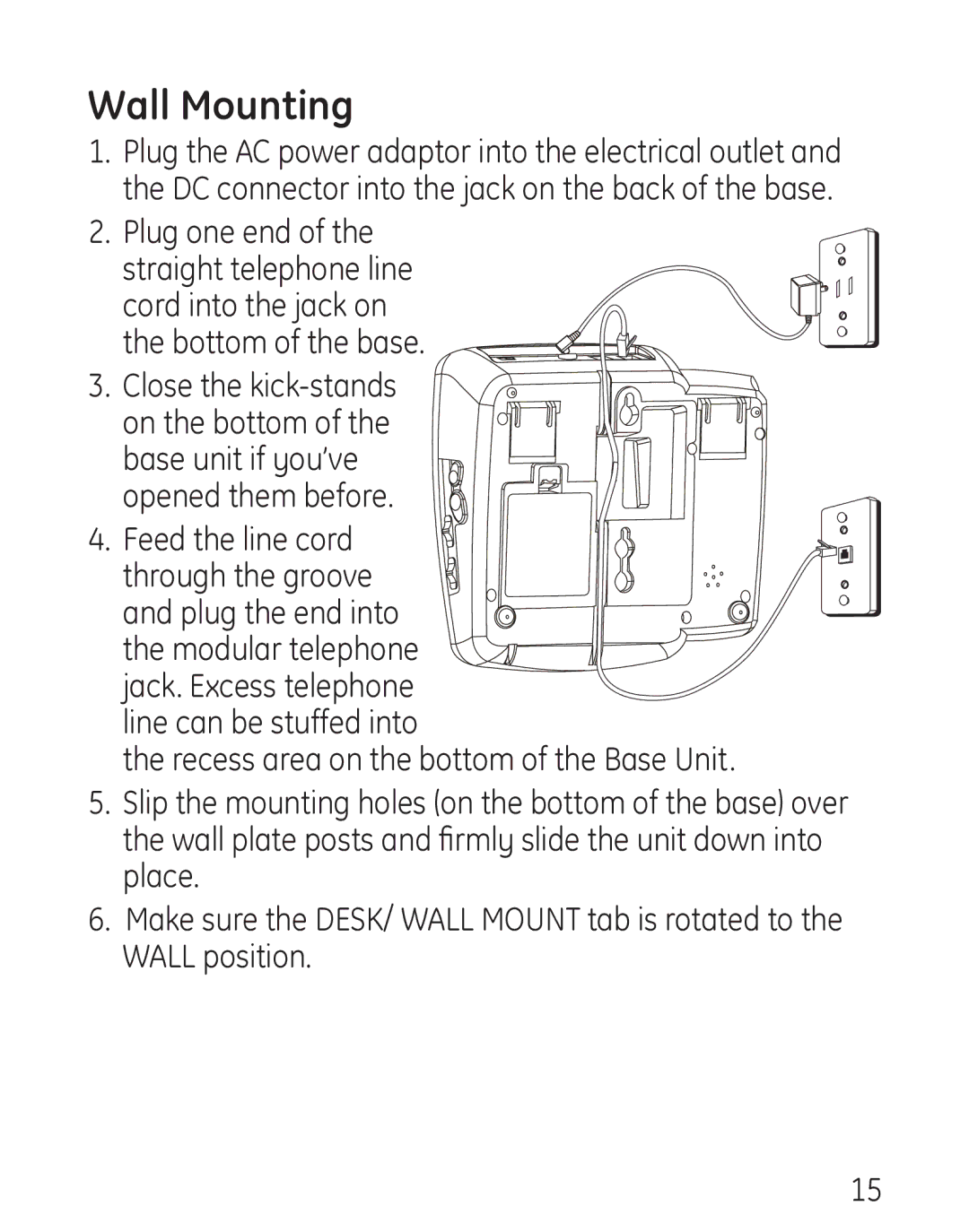 GE 29578 manual Wall Mounting, Feed the line cord, Wall position 