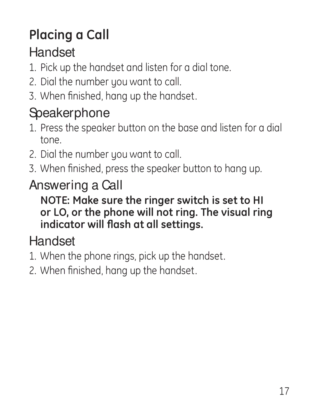 GE 29578 manual Placing a Call, Handset 