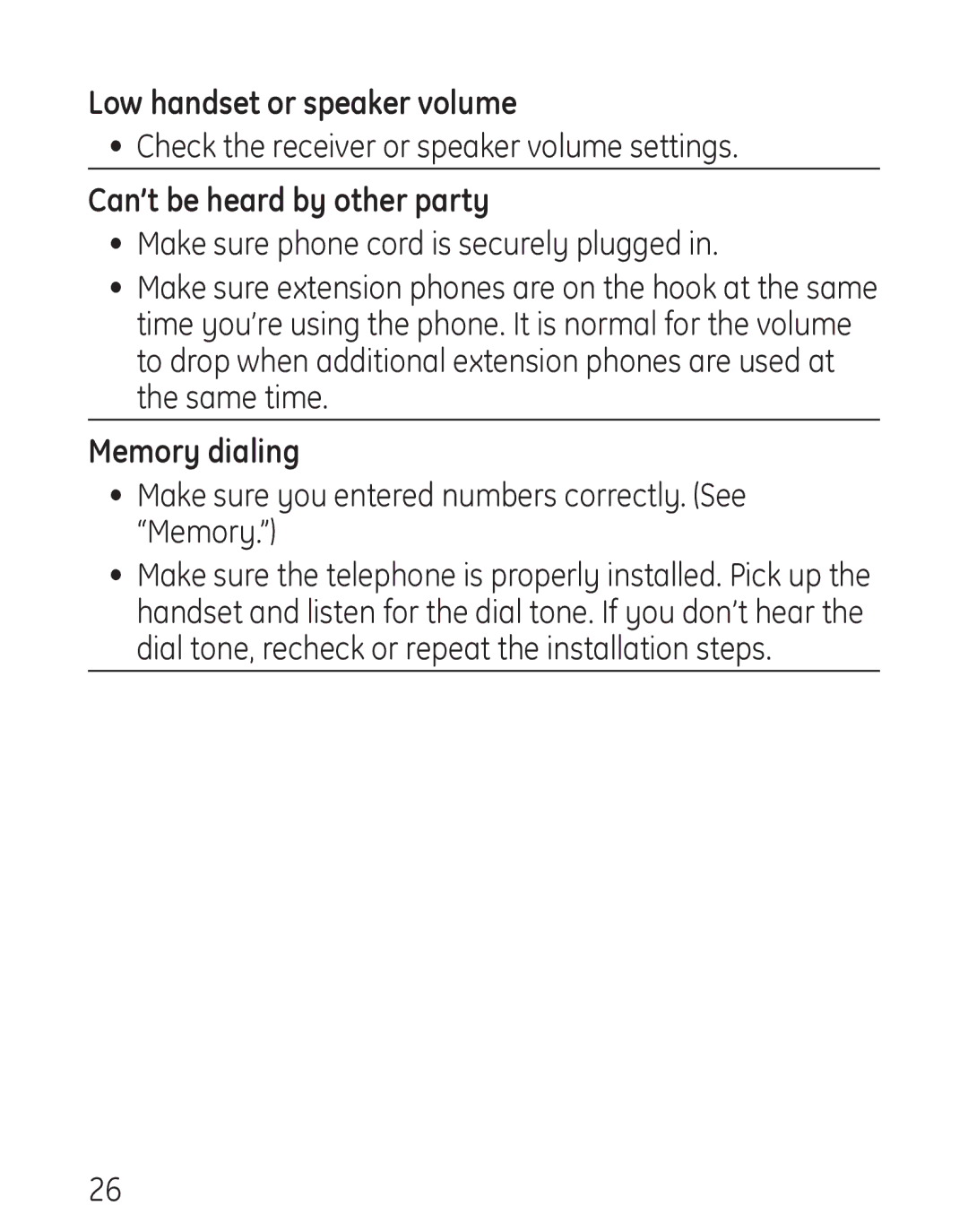 GE 29578 manual Low handset or speaker volume, Check the receiver or speaker volume settings, Can’t be heard by other party 