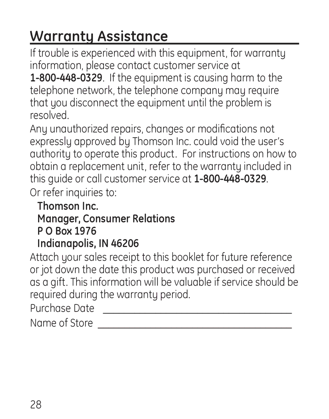 GE 29578 manual Warranty Assistance, Or refer inquiries to, Thomson Inc Manager, Consumer Relations Box Indianapolis 