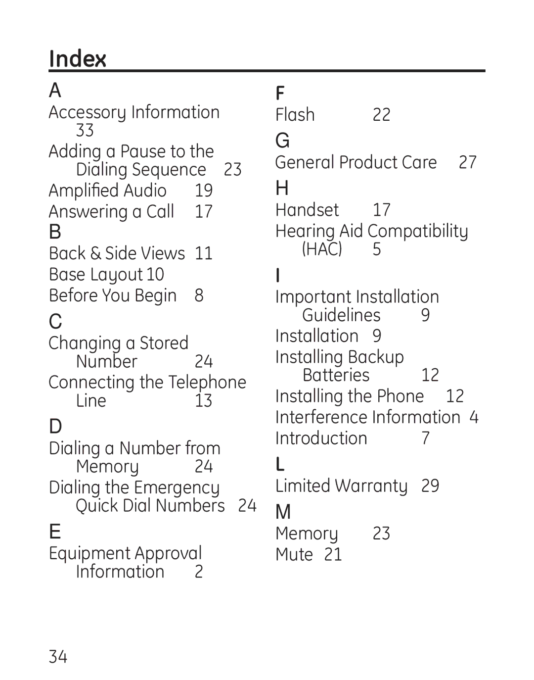 GE 29578 manual Index, Accessory Information Adding a Pause to, Amplified Audio Answering a Call, Base Layout, Number 