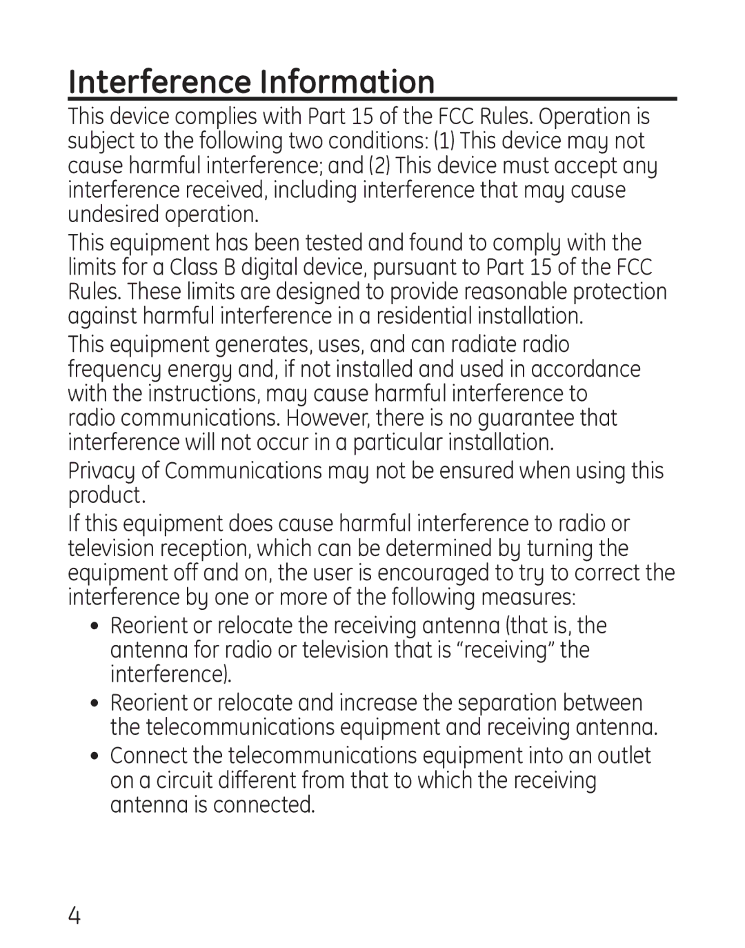 GE 29578 manual Interference Information 