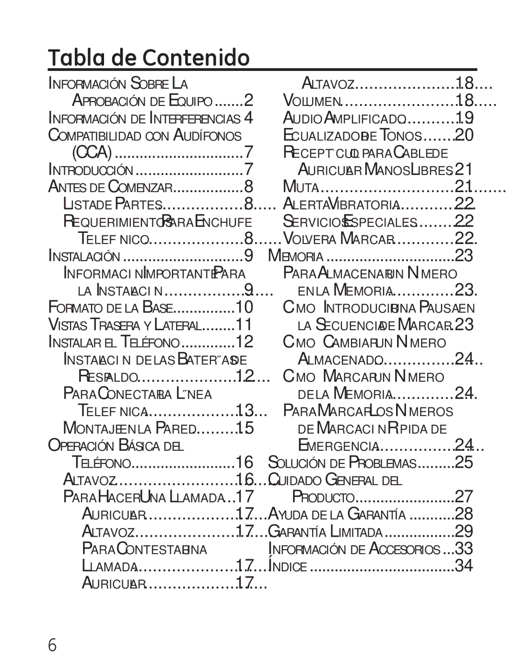 GE 29578 manual Tabla de Contenido, Antes de Comenzar 