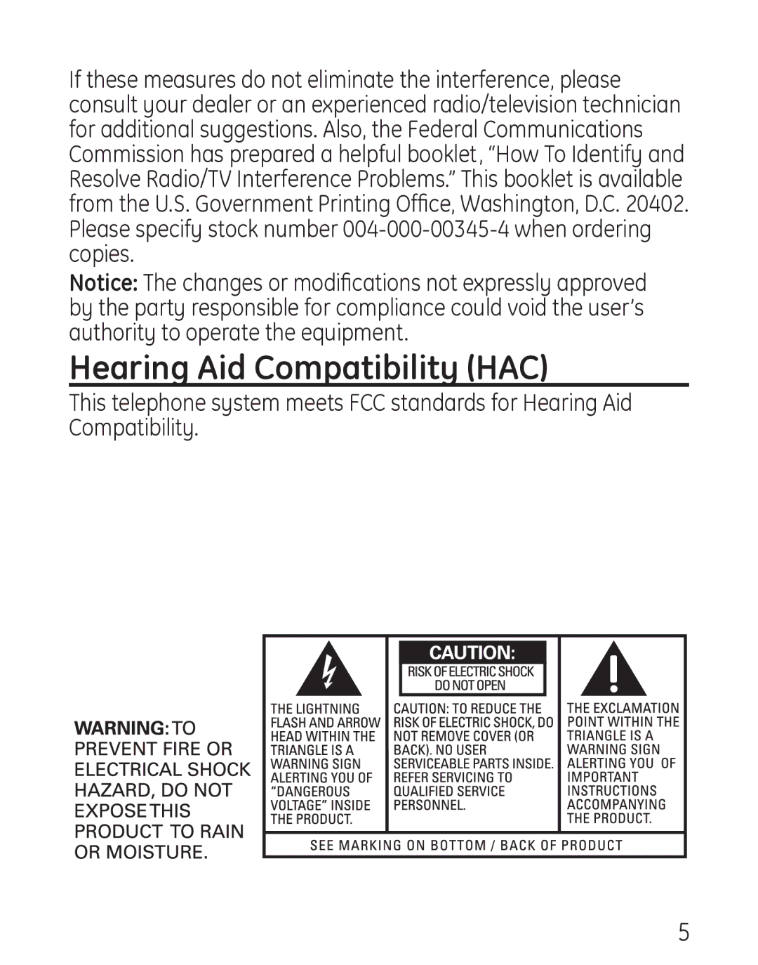 GE 29578 manual Hearing Aid Compatibility HAC 