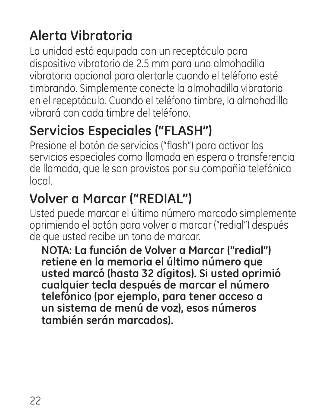 GE 29578 manual Alerta Vibratoria, Servicios Especiales Flash, Volver a Marcar Redial 