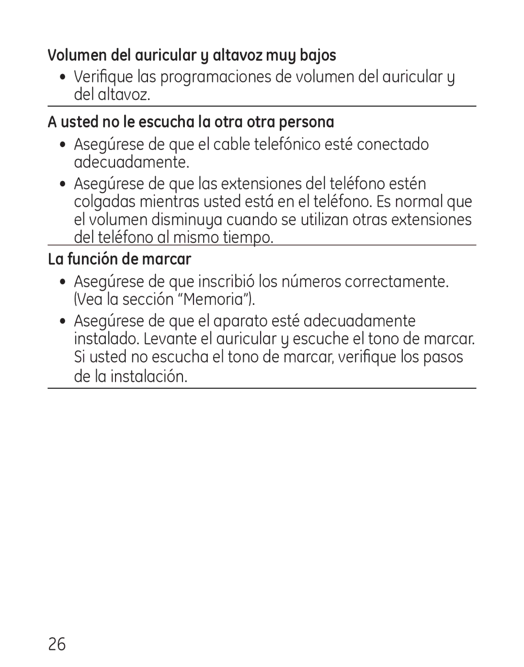 GE 29578 manual Volumen del auricular y altavoz muy bajos 