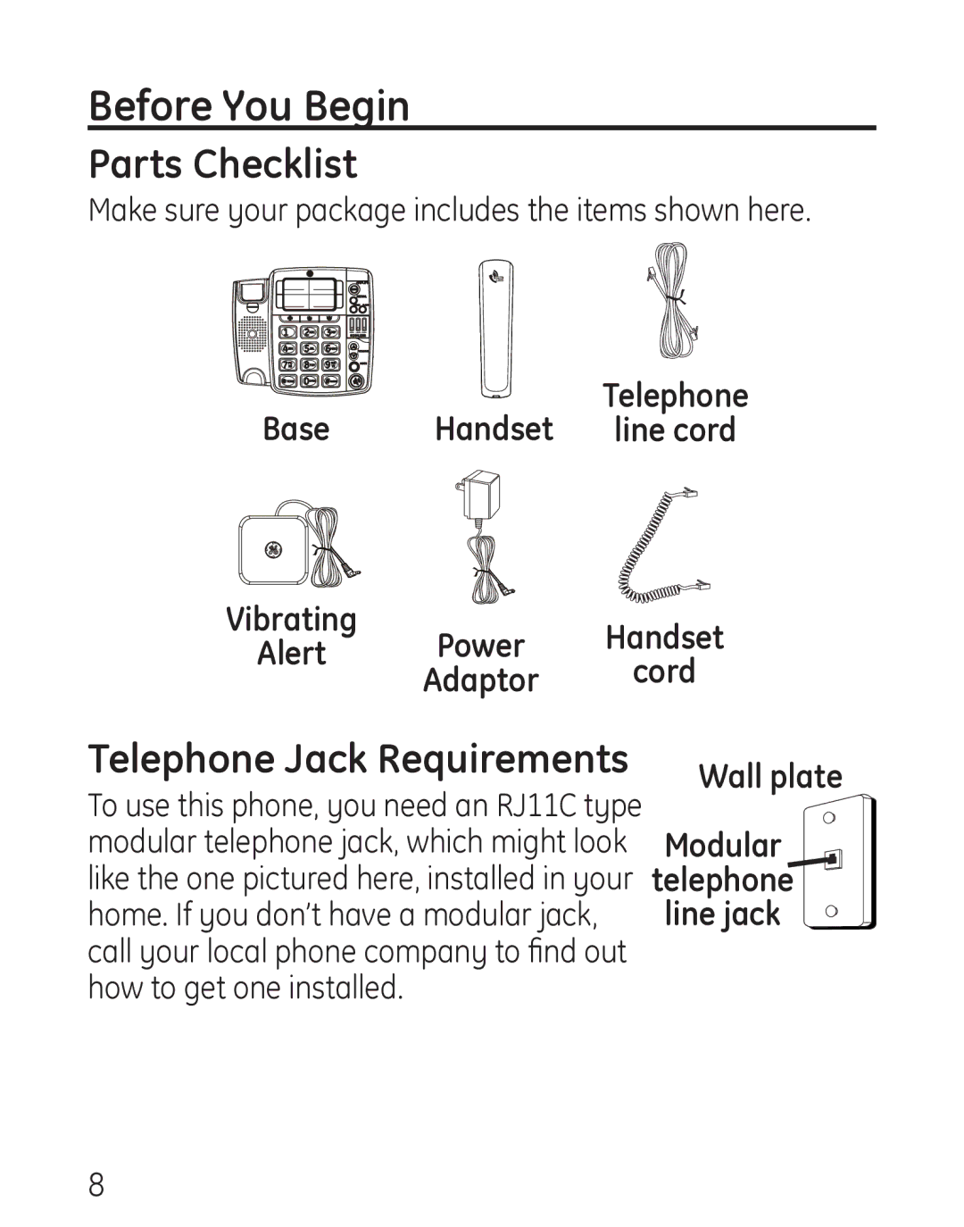 GE 29578 manual Before You Begin, Parts Checklist, Base Handset, Vibrating Power Handset Alert Adaptor cord 