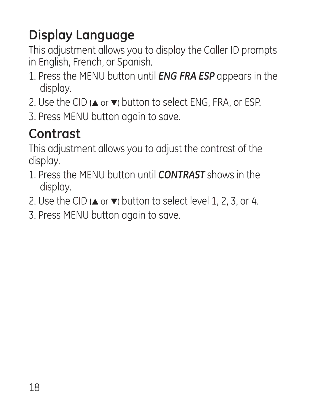 GE 29579 manual Display Language, Contrast, Press Menu button again to save 