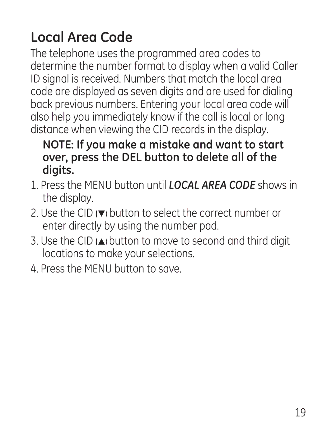 GE 29579 manual Local Area Code 