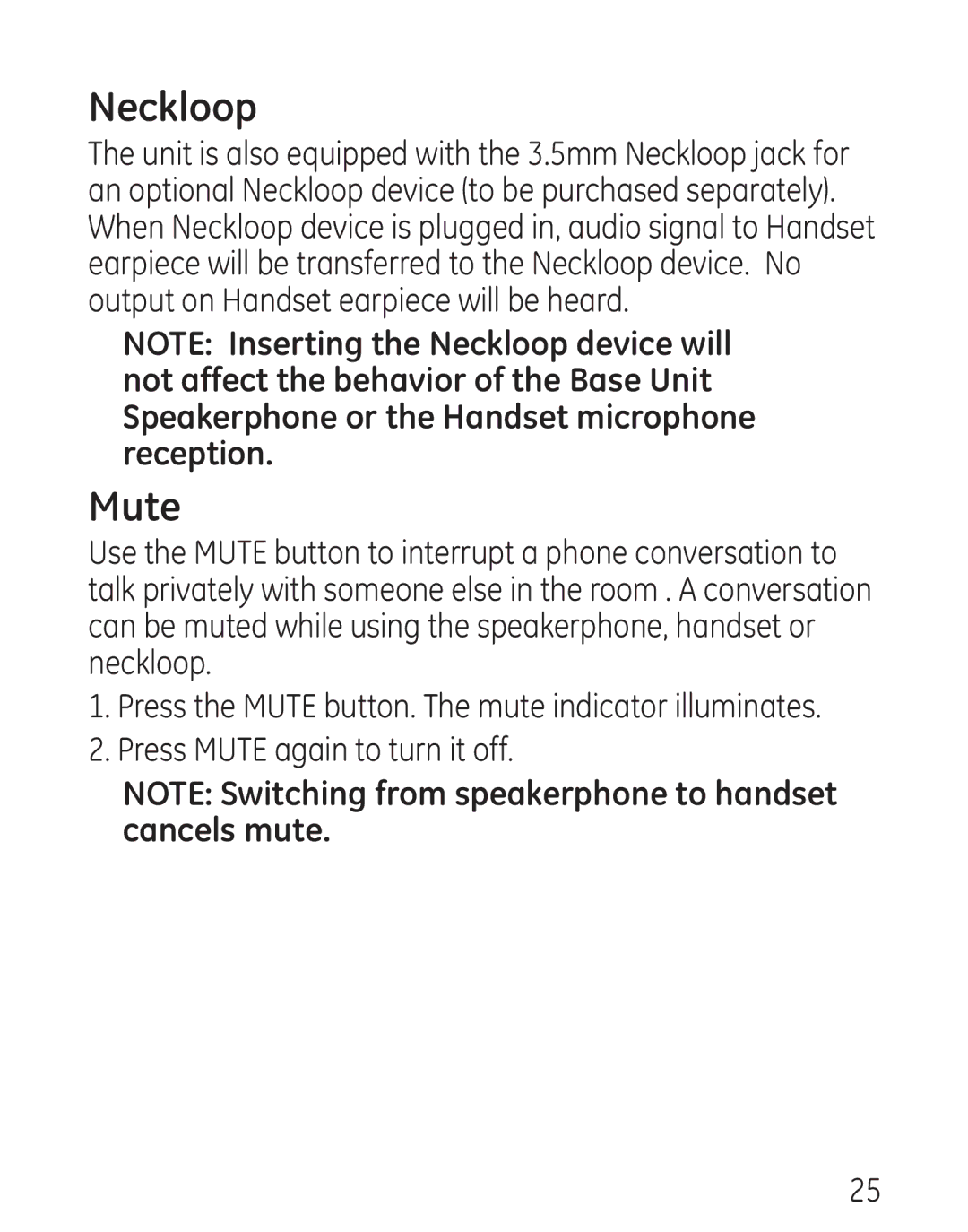 GE 29579 manual Neckloop, Mute 