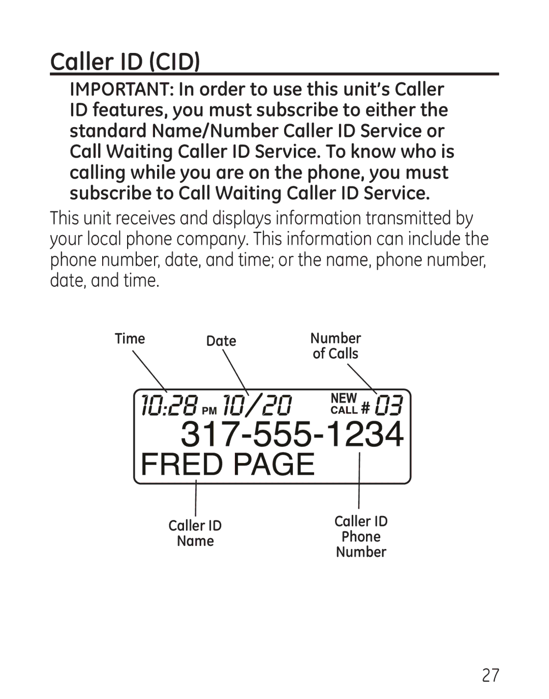 GE 29579 manual Caller ID CID 