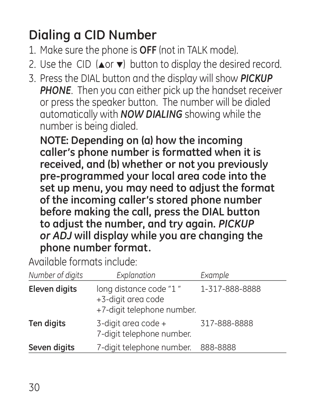 GE 29579 manual Dialing a CID Number, Available formats include 