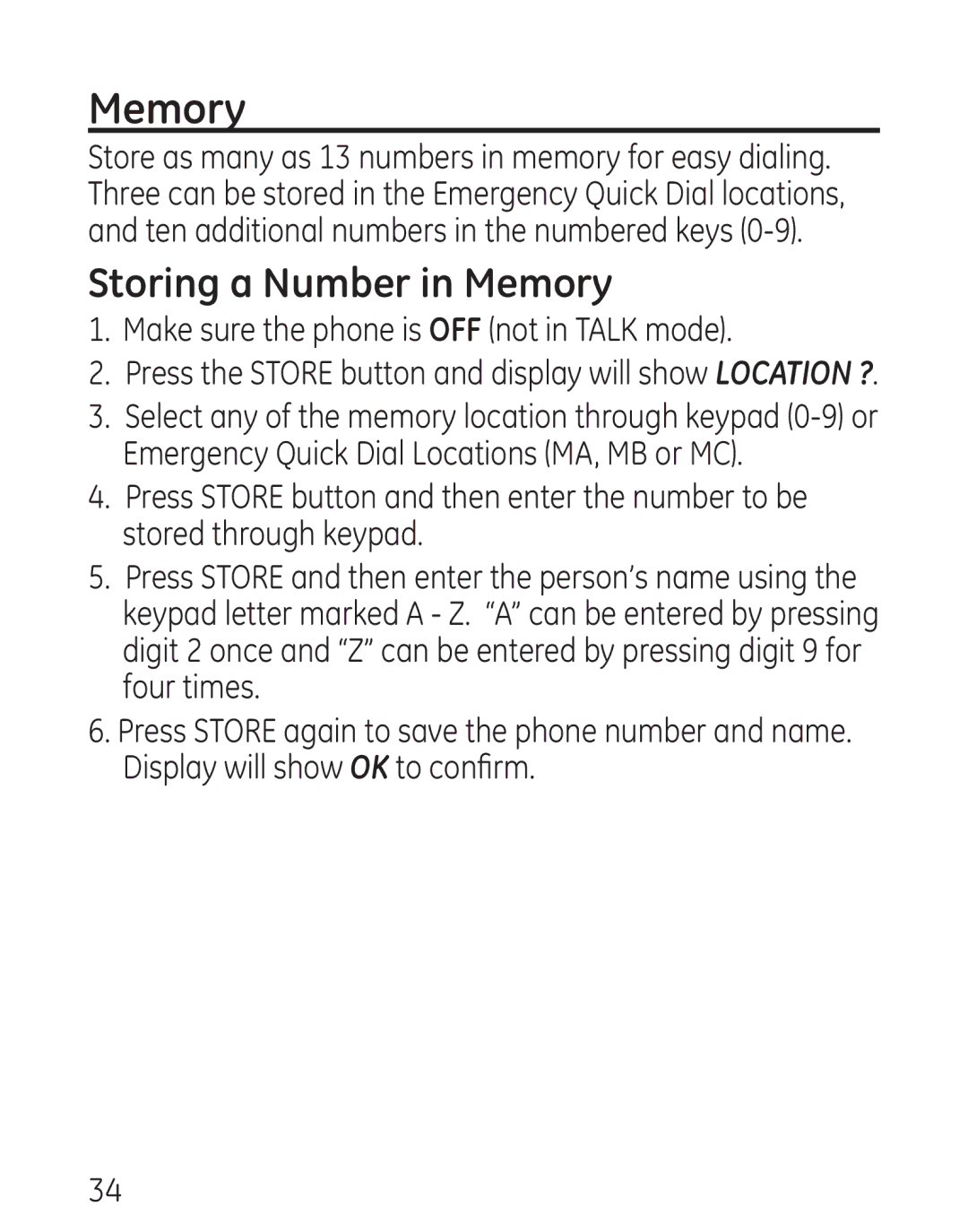 GE 29579 manual Storing a Number in Memory 