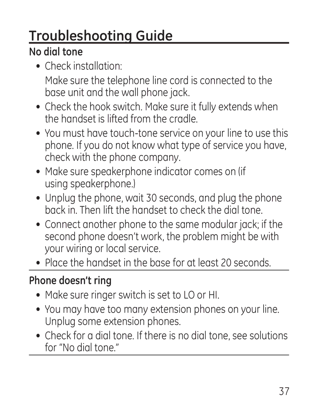 GE 29579 Troubleshooting Guide, No dial tone, Check installation, Place the handset in the base for at least 20 seconds 