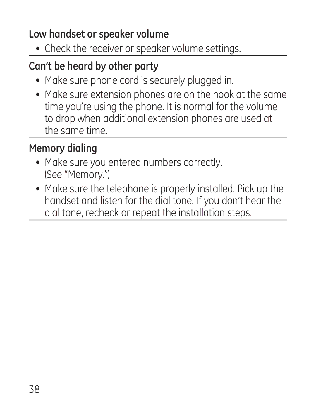 GE 29579 manual Low handset or speaker volume, Check the receiver or speaker volume settings, Can’t be heard by other party 