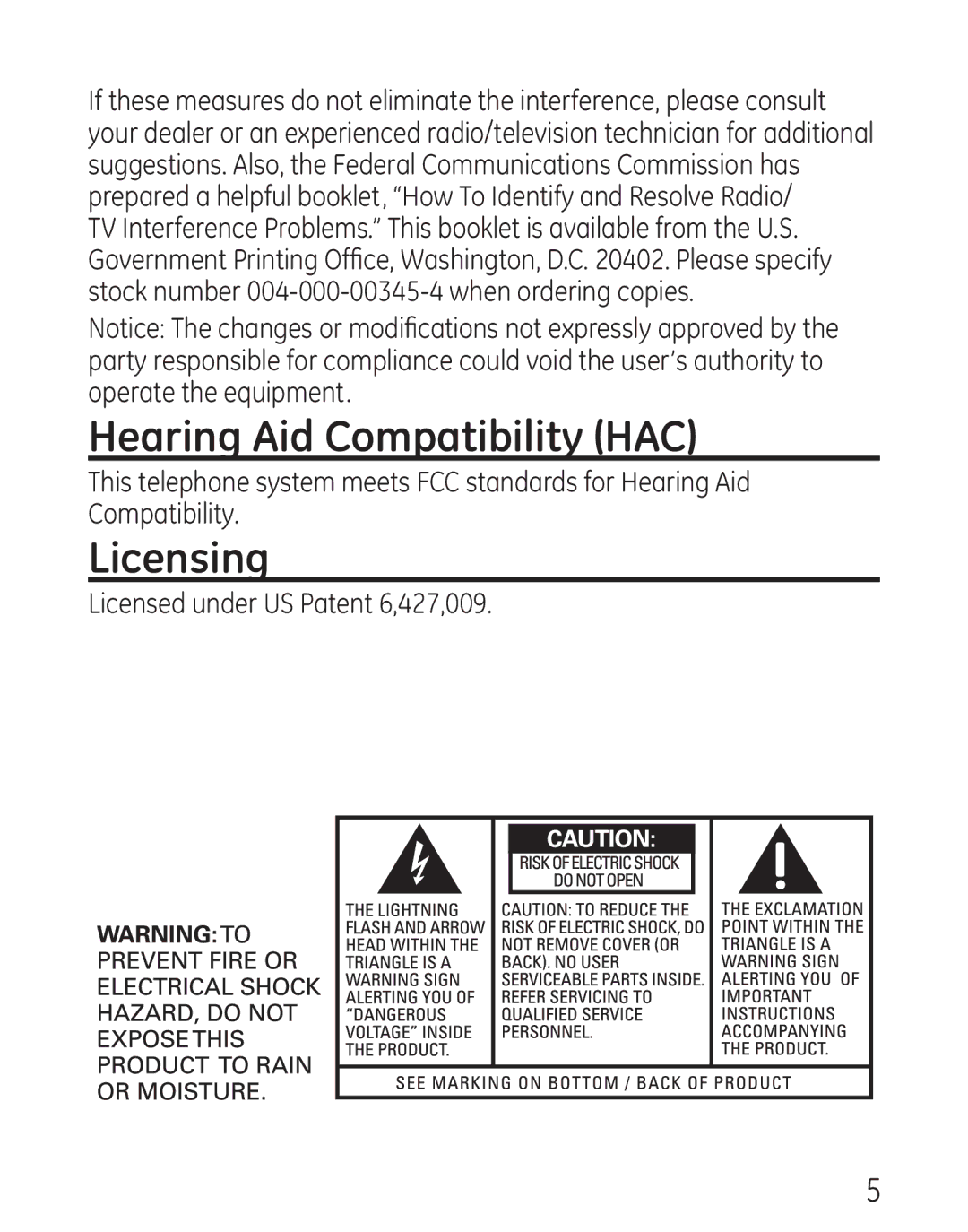 GE 29579 manual Hearing Aid Compatibility HAC, Licensing 