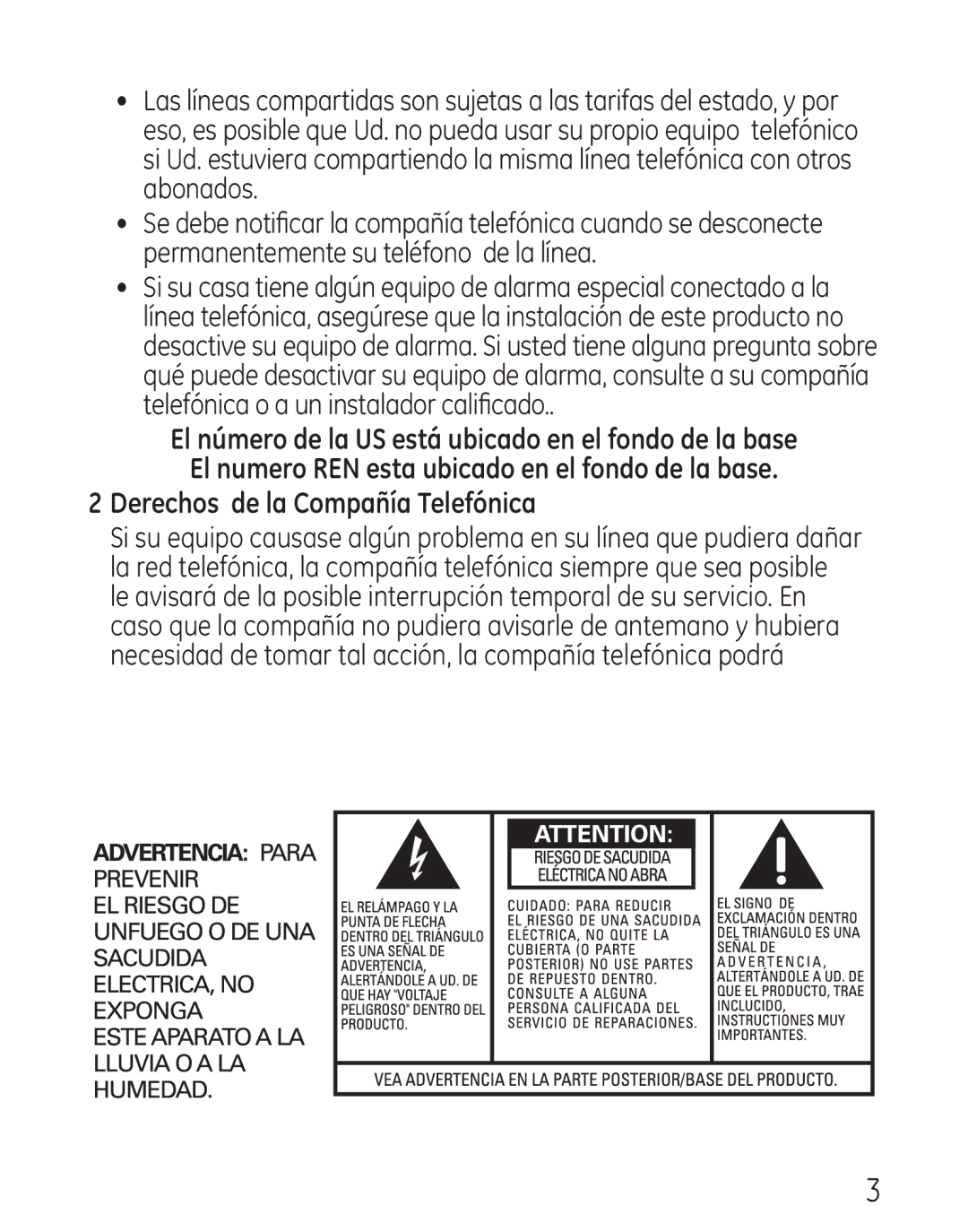 GE 29579 manual Derechos de la Compañía Telefónica 