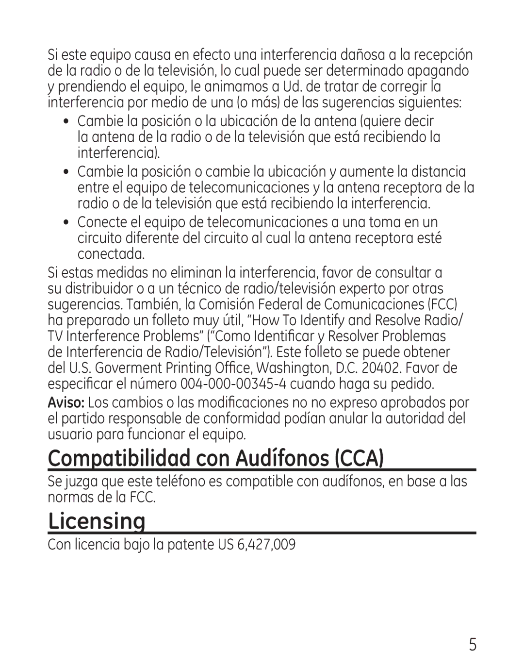 GE 29579 manual Compatibilidad con Audífonos CCA, Licensing 