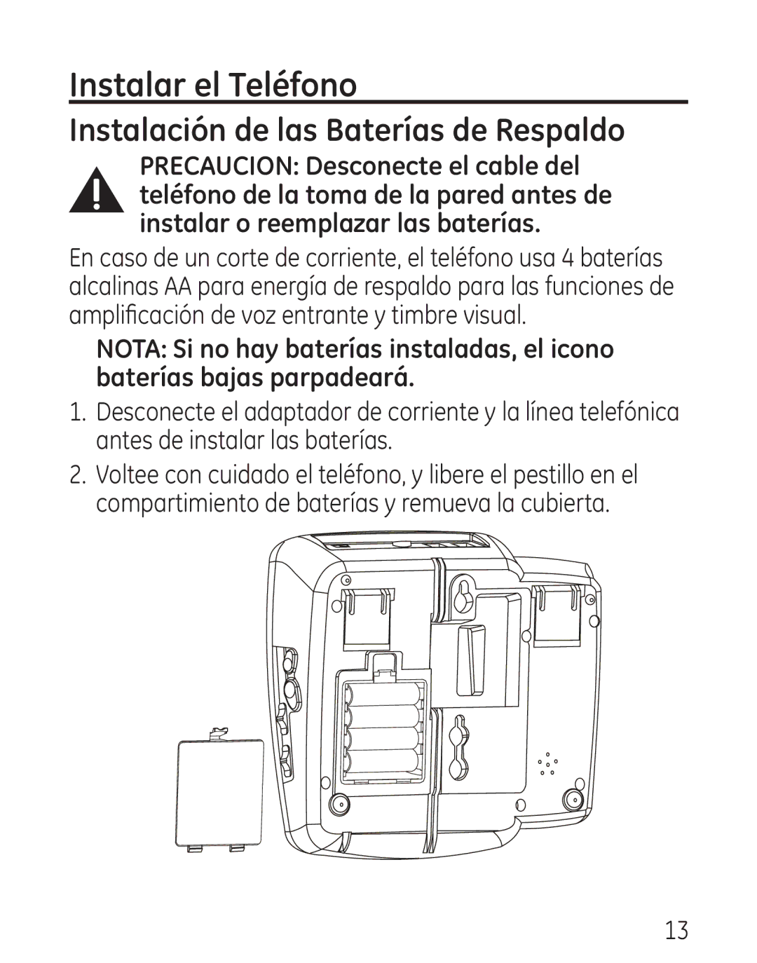 GE 29579 manual Instalar el Teléfono, Instalación de las Baterías de Respaldo 