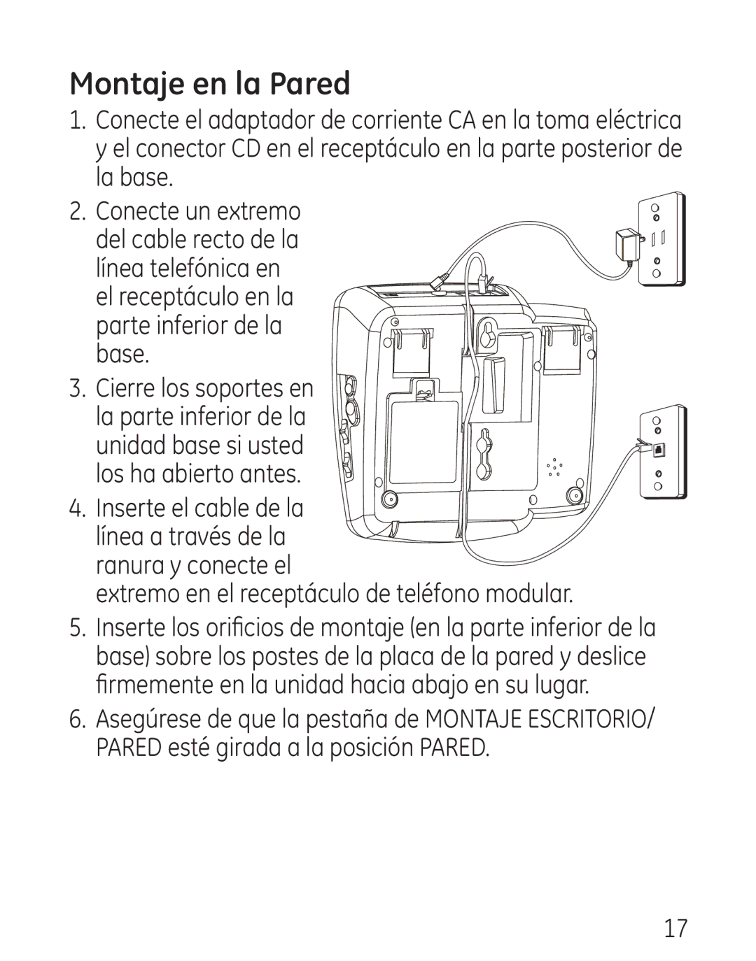 GE 29579 manual Montaje en la Pared, Extremo en el receptáculo de teléfono modular 