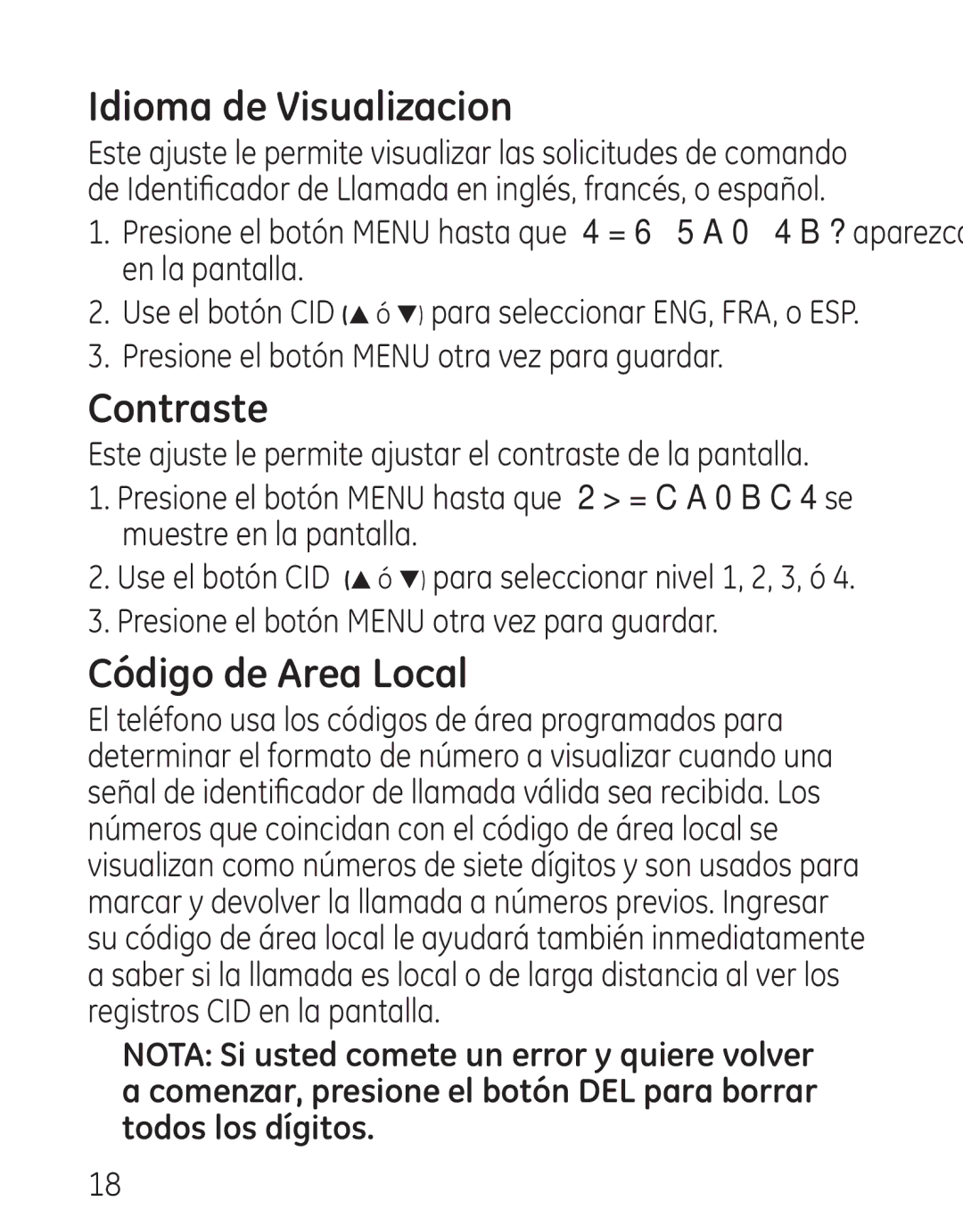 GE 29579 manual Idioma de Visualizacion, Contraste, Código de Area Local, Presione el botón Menu otra vez para guardar 