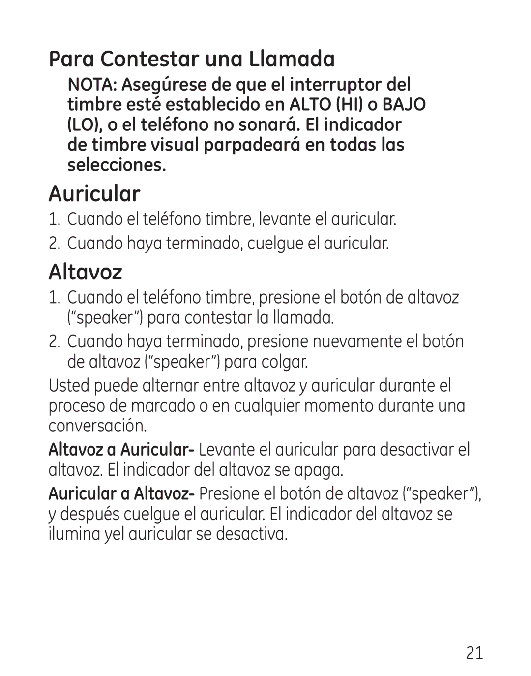 GE 29579 manual Para Contestar una Llamada 