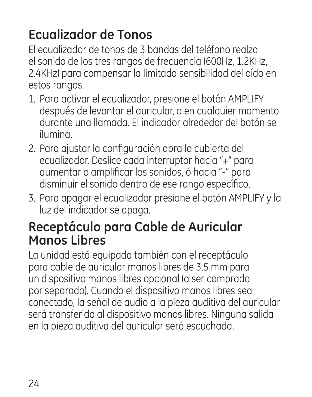 GE 29579 manual Ecualizador de Tonos, Receptáculo para Cable de Auricular Manos Libres 