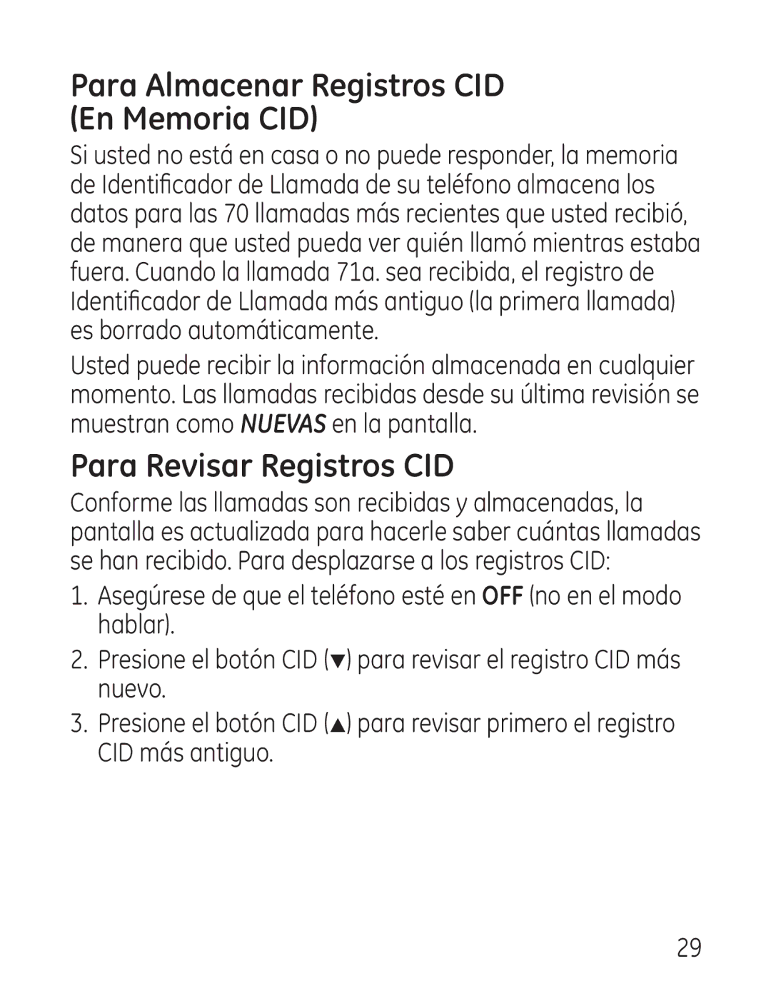 GE 29579 manual Para Almacenar Registros CID En Memoria CID, Para Revisar Registros CID 