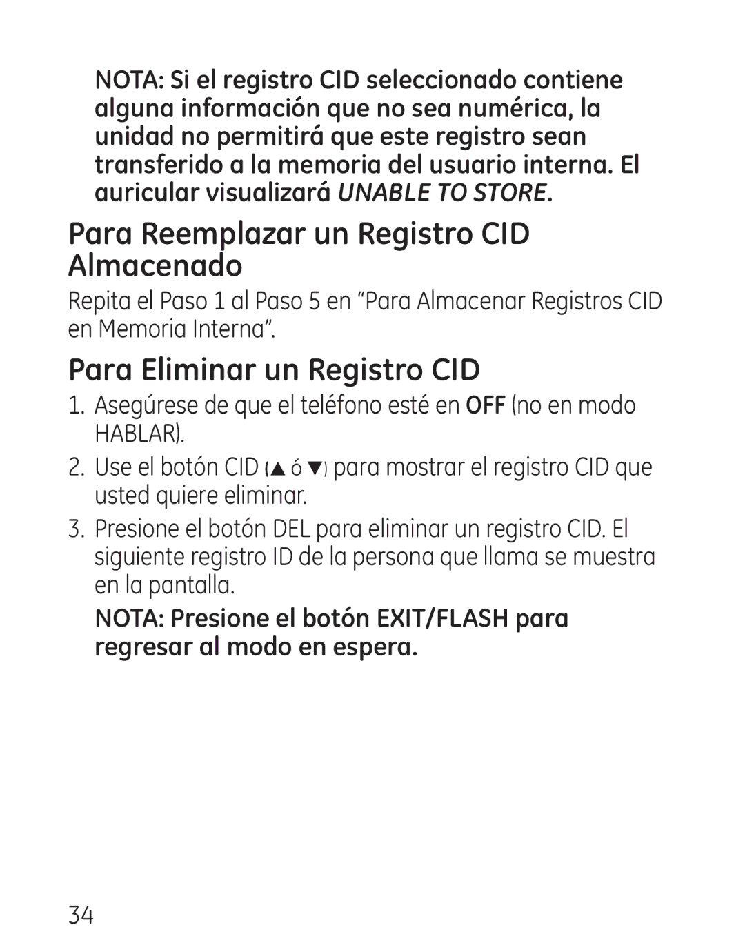 GE 29579 manual Para Reemplazar un Registro CID Almacenado, Para Eliminar un Registro CID 