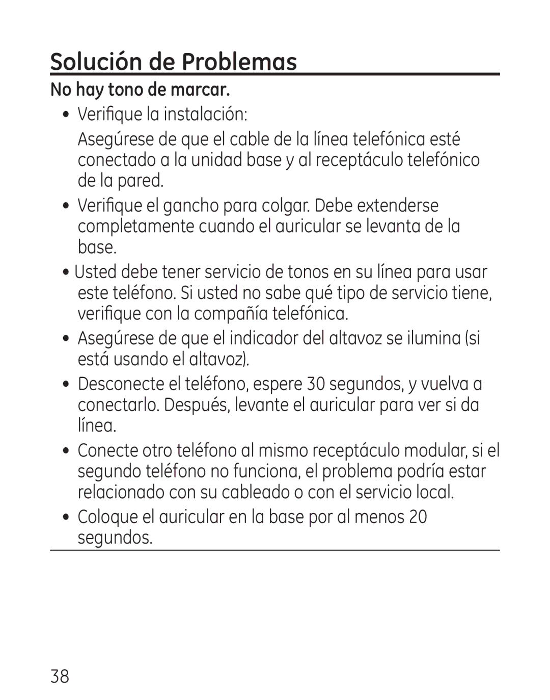 GE 29579 manual Solución de Problemas, No hay tono de marcar, Coloque el auricular en la base por al menos 20 segundos 