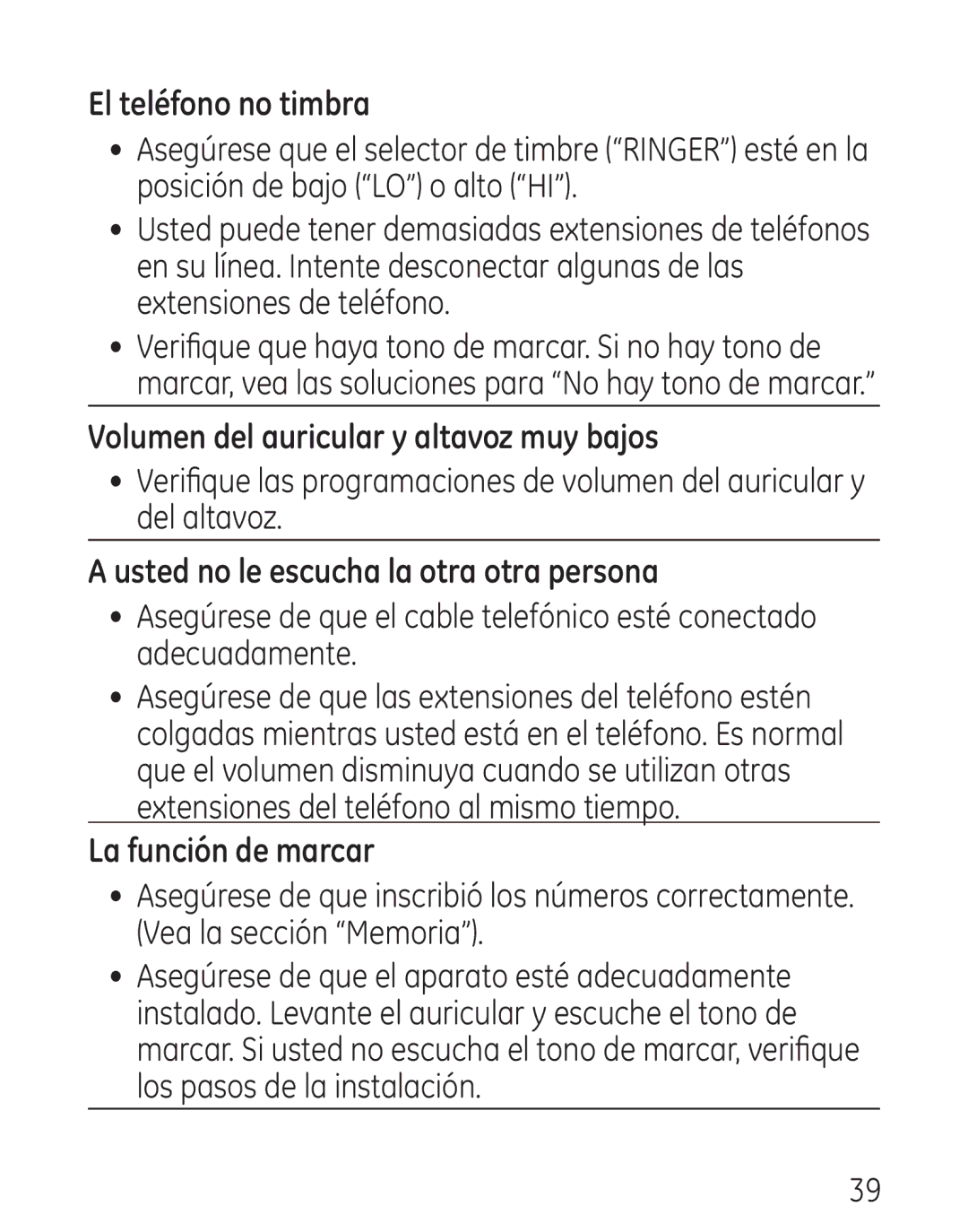 GE 29579 manual El teléfono no timbra, Volumen del auricular y altavoz muy bajos, Usted no le escucha la otra otra persona 