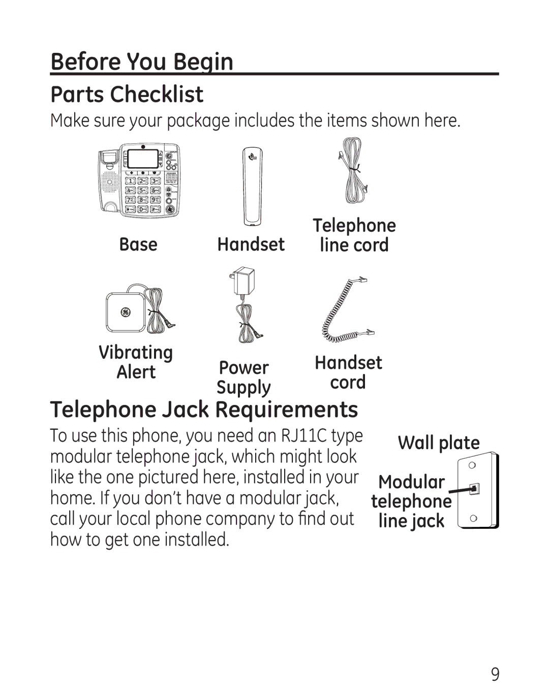 GE 29579 manual Before You Begin, Parts Checklist, Telephone Jack Requirements 